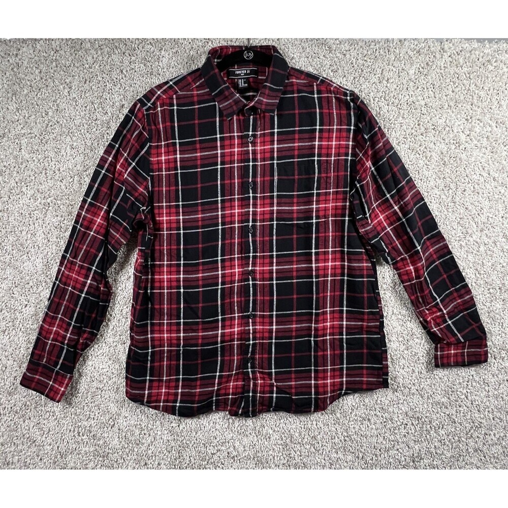 Forever 21 Men Red Black Plaid Flannel Button Up Shirt XL